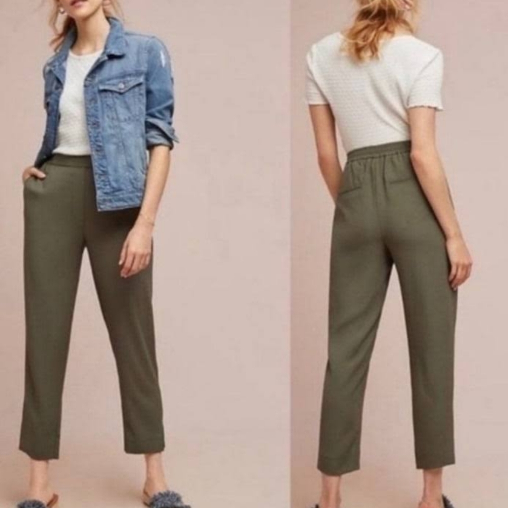 Anthropologie The Essential Pull-On Trouser Olive Green Slim Fit Elastic Waist L